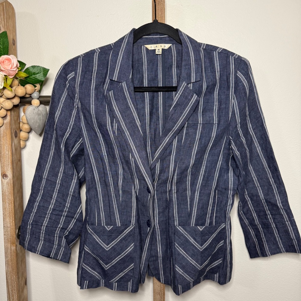 Cabi Womens Blazer Size 8 Navy White Stripe Linen Button Front Style 871 - Picture 2 of 9